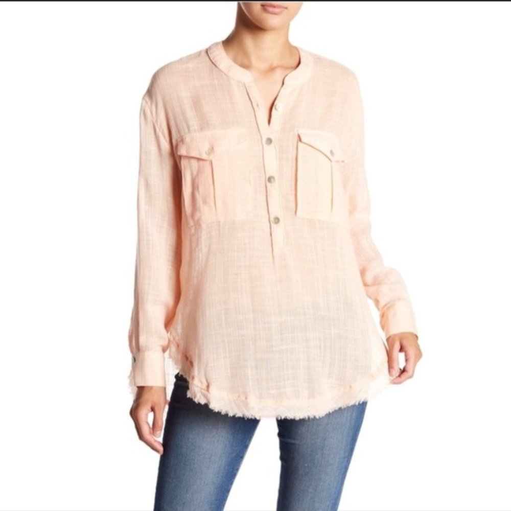 Free People Peach Gauze Henley Blouse